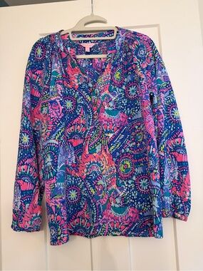 Lilly Pulitzer Elsa 100% Silk Blouse Pink Blue size Small